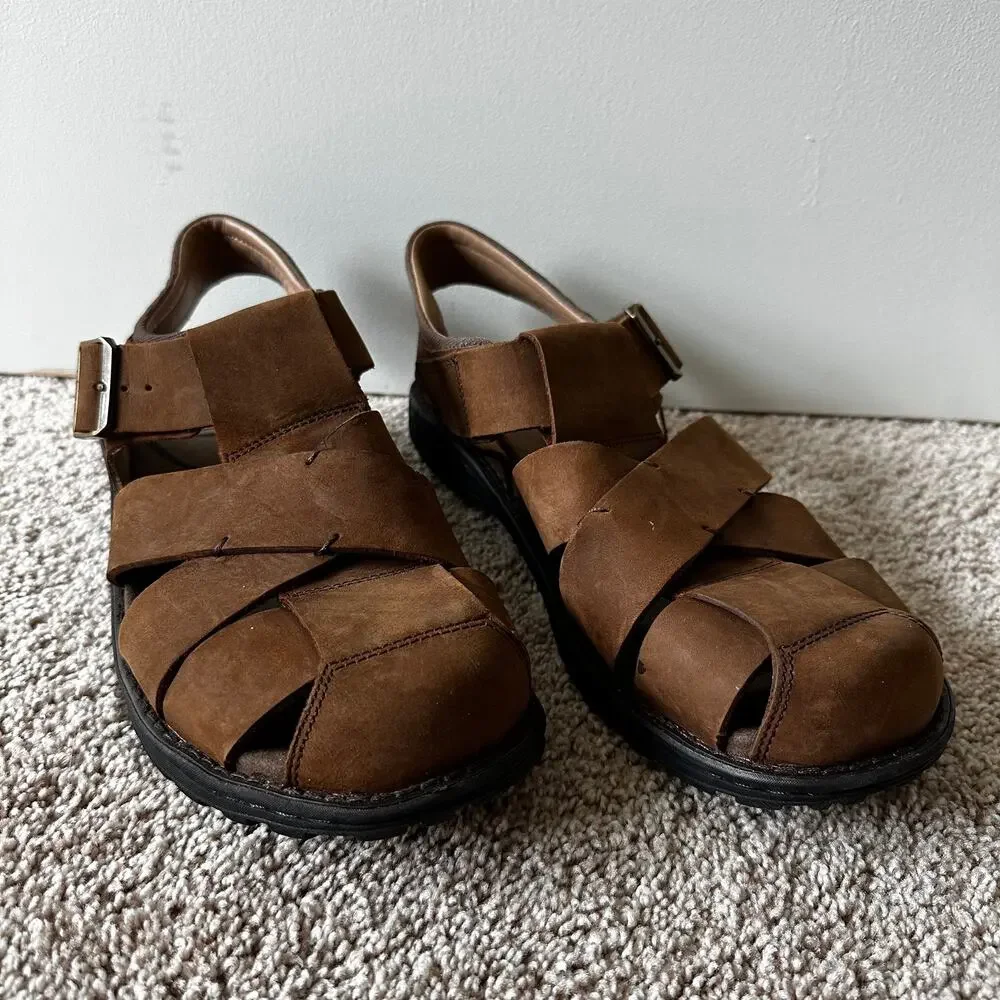 Abeo Brandon Neutral Leather Fisherman Sandals Leather Brown Mens 10 Bio Systems